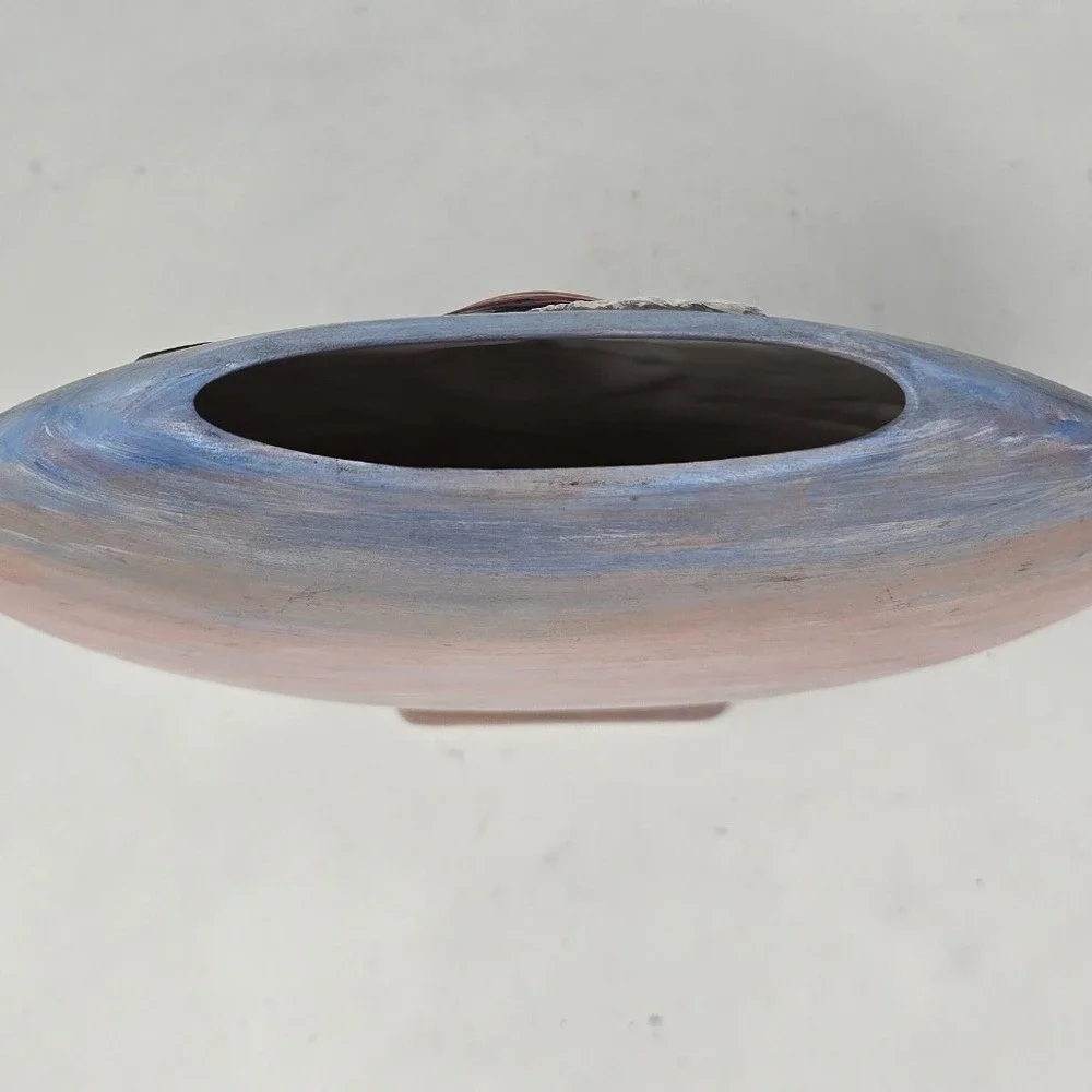 Hand painted ceramic portrait vase tropical sunset Indigenous art pottery pink